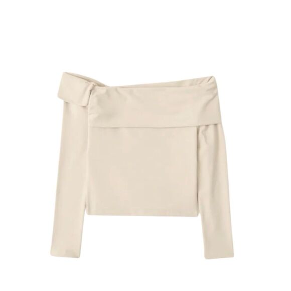 Abercrombie & Fitch Soft Collection Cream Long-Sleeve Off-The-Shoulder Top - Picture 1 of 8